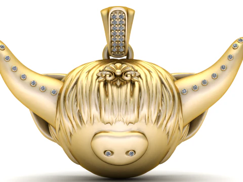 ダイヤモンドアクセント付きの豪華なゴールドハイランドブルペンダント 3Dプリントモデル