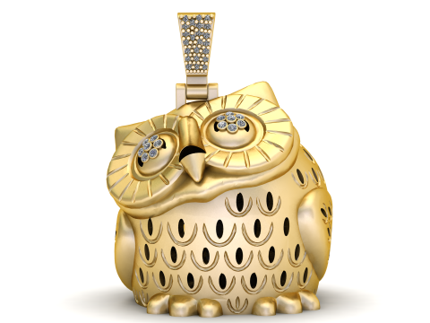 Luxury Gold Owl Pendant with Diamond Cluster Eyes 3D Print Model