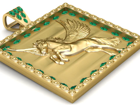 Luxury Gold Pegasus Pendant with Emerald Border 3D Print Model