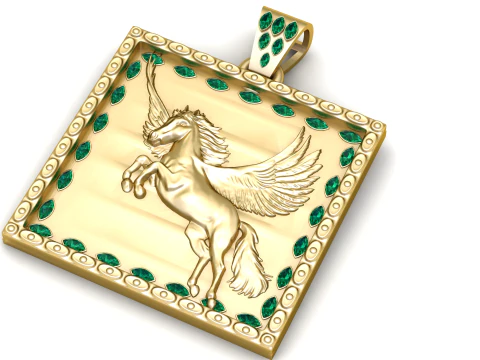 Luxury Gold Pegasus Pendant with Emerald Border 3D Print Model