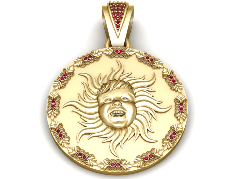 Luxury Gold Sun Medallion Pendant with Ruby Floral Border 3D Print Model