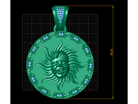 Luxury Gold Sun Medallion Pendant with Ruby Floral Border 3D Print Model