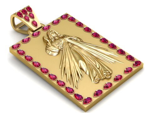 Luxury Divine Mercy Jesus Pendant with Ruby Border 3D Print Model