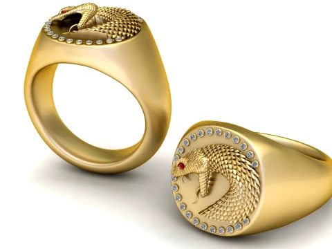 Red-Eyed Serpent Gemstone Gold Signet Ring 3D Model