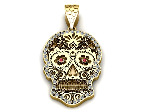 Floral Sugar Skull Gemstone Gold Pendant 3D Model
