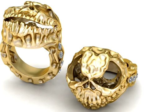 Open-Jaw Skull Gemstone Gold Ring 3D Model