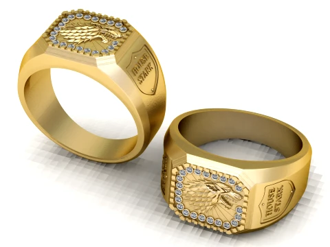 Wolf Crest Gemstone Gold Signet Ring 3D Model