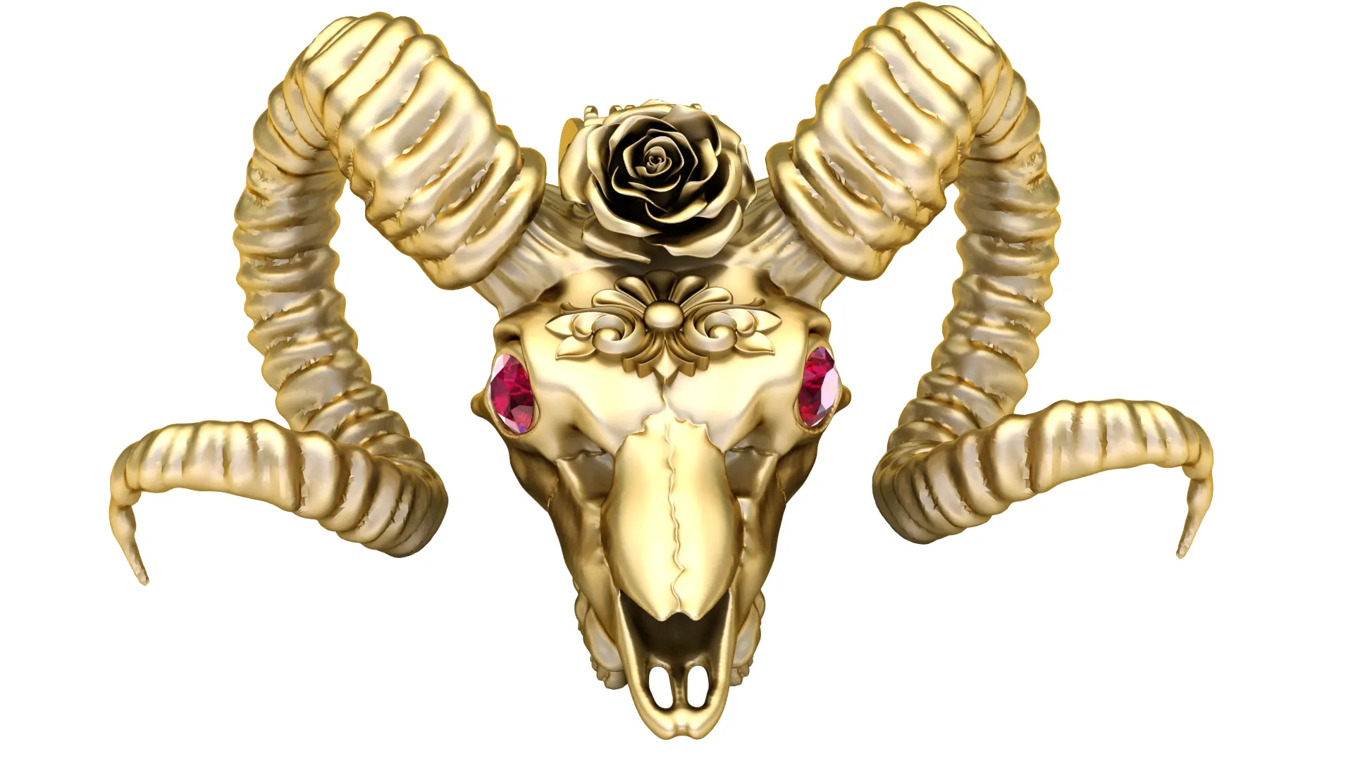Floral Ram Skull Red Gemstone Gold Pendant 3D Model .c4d .max .obj .3ds .fbx .stl .blend 