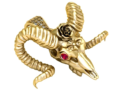 Floral Ram Skull Red Gemstone Gold Pendant 3D Model