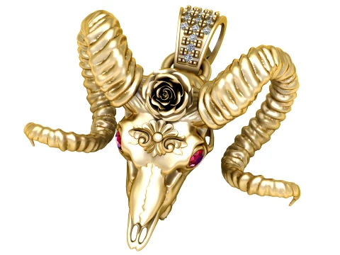 Floral Ram Skull Red Gemstone Gold Pendant 3D Model