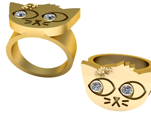 Gemstone-Eyed Cat Face Gold Ring 3D Model