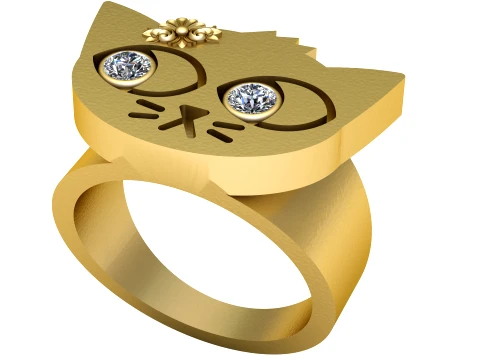 Gemstone-Eyed Cat Face Gold Ring 3D Model