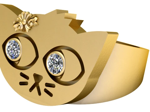 Gemstone-Eyed Cat Face Gold Ring 3D Model