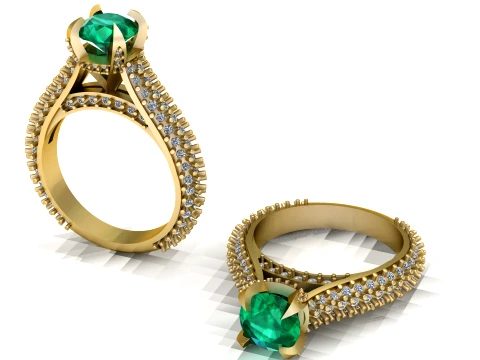 Green Center Gemstone Pav Gold Ring 3D Model