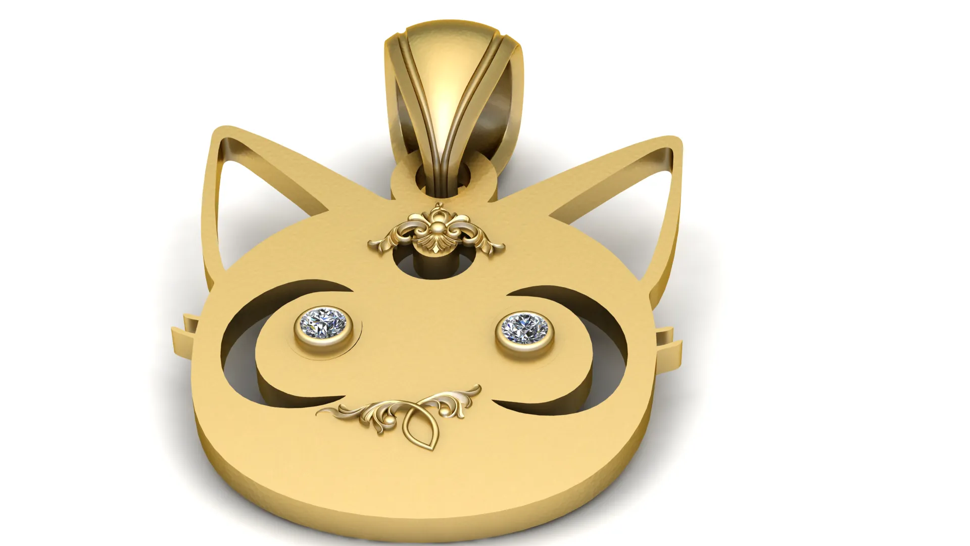 Gemstone-Eyed Cat Face Gold Pendant 3D Model .c4d .max .obj .3ds .fbx .stl .blend