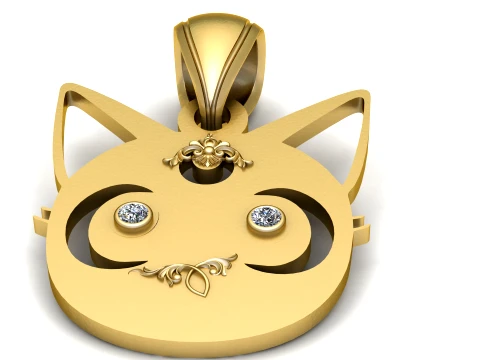 Gemstone-Eyed Cat Face Gold Pendant 3D Model
