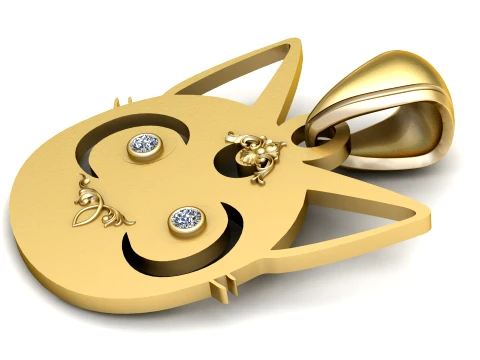 Gemstone-Eyed Cat Face Gold Pendant 3D Model
