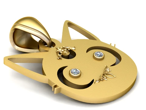Gemstone-Eyed Cat Face Gold Pendant 3D Model