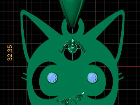 Gemstone-Eyed Cat Face Gold Pendant 3D Model