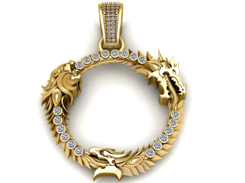 Gemstone Dragon Circle Gold Pendant 3D Model