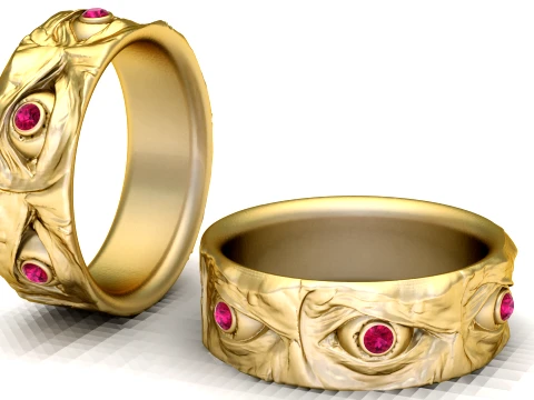 Gemstone Multi-Eye Gold Band Ring 3D Model