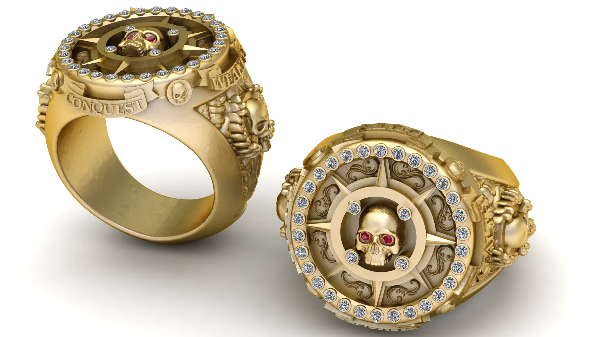 Gemstone Skull Compass Gold Ring 3D Model .c4d .max .obj .3ds .fbx .stl .blend 