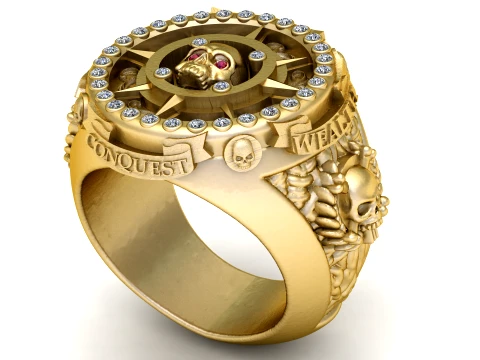 Gemstone Skull Compass Gold Ring 3D Model