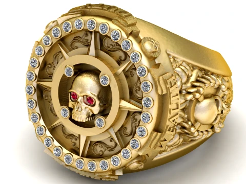 Gemstone Skull Compass Gold Ring 3D Model