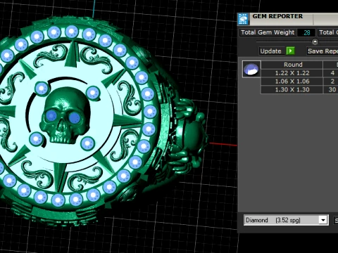 Gemstone Skull Compass Gold Ring 3D Model