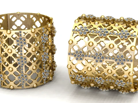 Gemstone Floral Lattice Gold Band Ring 3D Model
