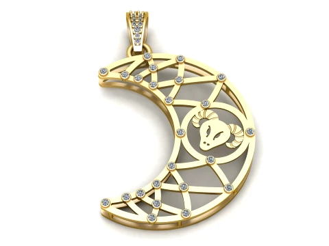Gemstone Aries Crescent Gold Pendant 3D Model
