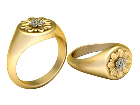Gemstone Daisy Gold Signet Ring 3D Model