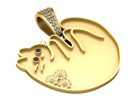 Floral Curled Cat Gold Pendant 3D Model