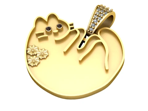 Floral Curled Cat Gold Pendant 3D Model