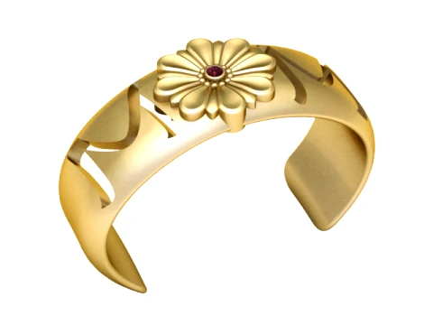 Floral Gemstone Gold Cuff Bracelet 3D Model