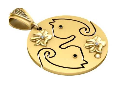 Floral Twin Cats Gold Pendant 3D Model