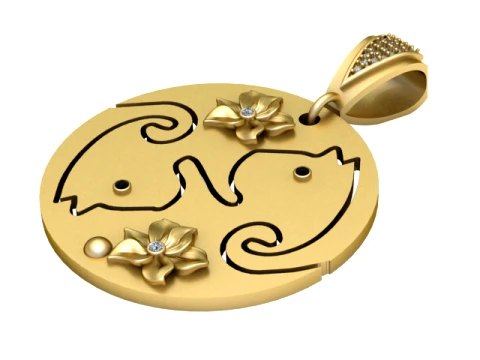 Floral Twin Cats Gold Pendant 3D Model