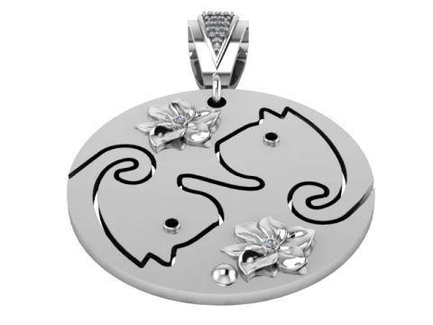 Floral Twin Cats Gold Pendant 3D Model