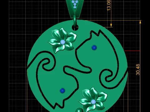 Floral Twin Cats Gold Pendant 3D Model