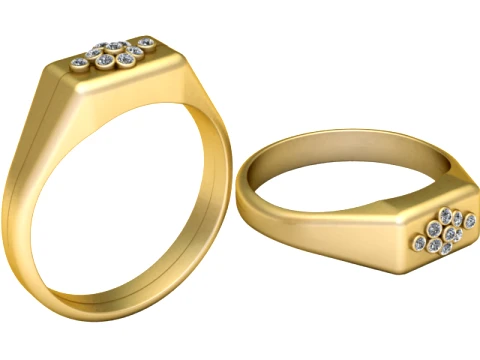 Gemstone Cluster Gold Signet Ring 3D Model