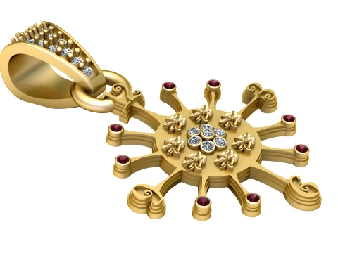Floral Sunburst Gemstone Gold Pendant 3D Model