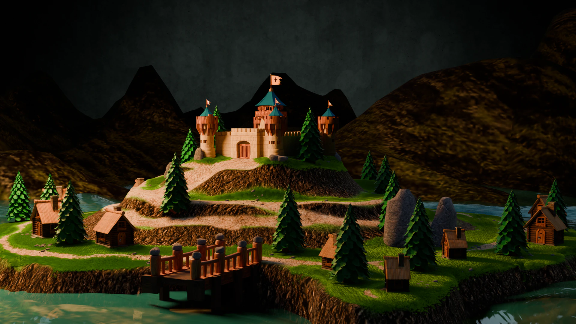 Средневековая крепость и деревня 3D Модель .c4d .max .obj .3ds .fbx .stl .blend