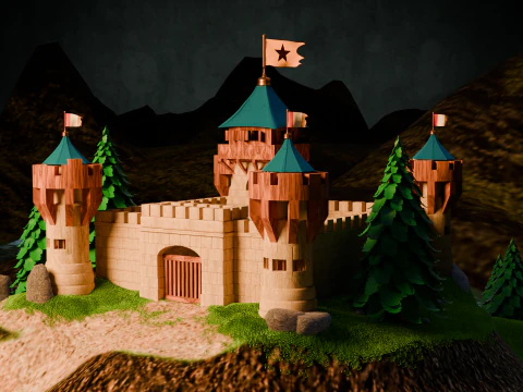 Средневековая крепость и деревня 3D Модель