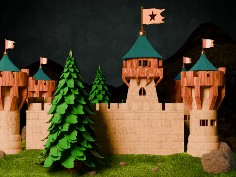 Средневековая крепость и деревня 3D Модель