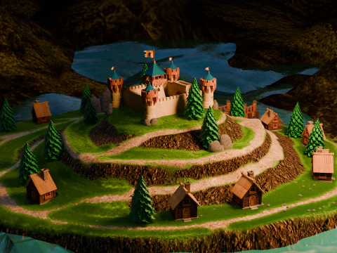 Средневековая крепость и деревня 3D Модель
