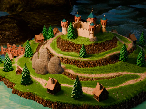 Средневековая крепость и деревня 3D Модель