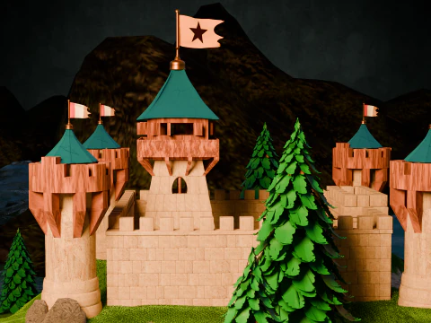 Средневековая крепость и деревня 3D Модель