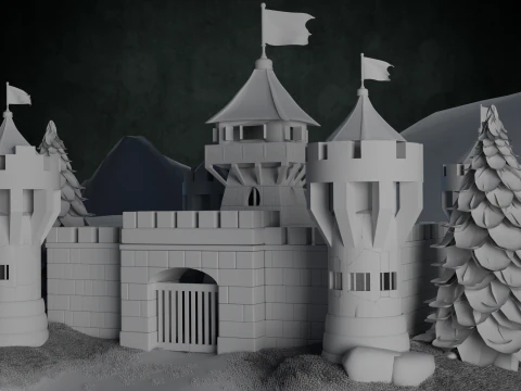 Средневековая крепость и деревня 3D Модель