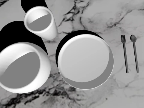 大理石の三角テーブルに置かれた食器セット 3Dモデル