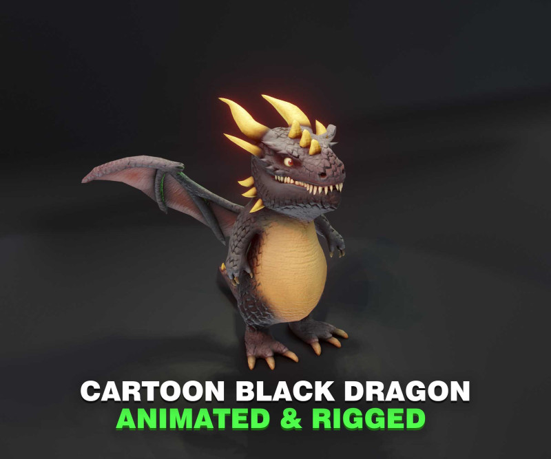 Cartoon Black Dragon Animated 3D Model .c4d .max .obj .3ds .fbx .stl .blend 